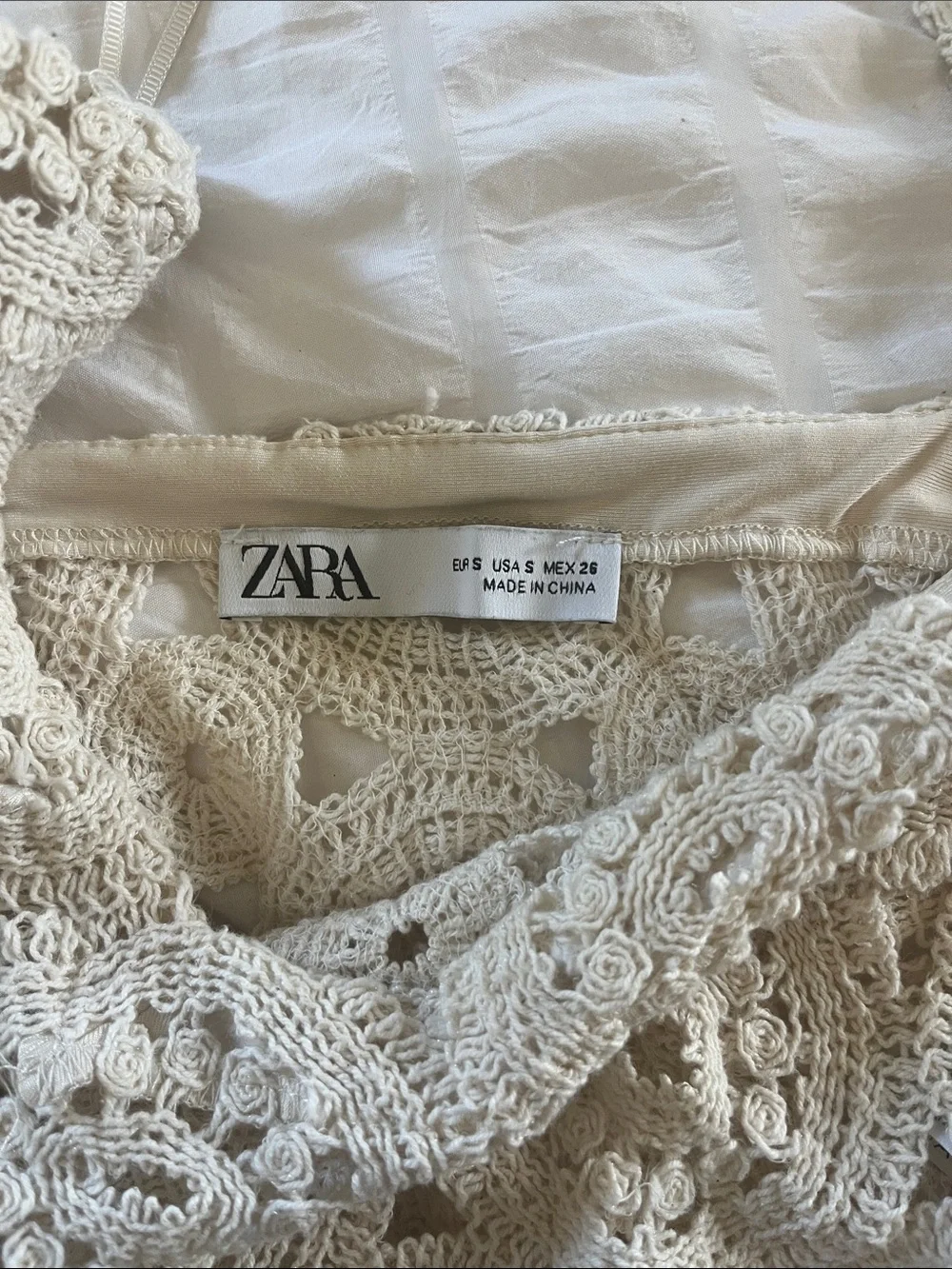 Zara Crochet Square-Neck Long Sleeve Crop Top - Cream. Size Small.